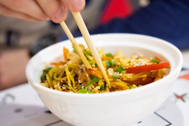 Udon noodles with meat and vegetables in an Asian style