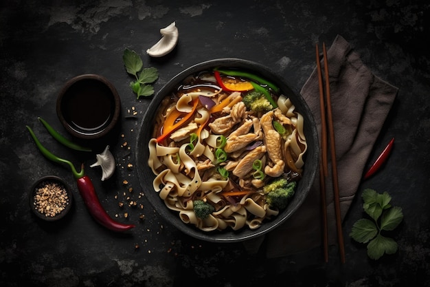 Udon stir fry noodles with chicken meat and sesame in bowl on dark stone background copy space