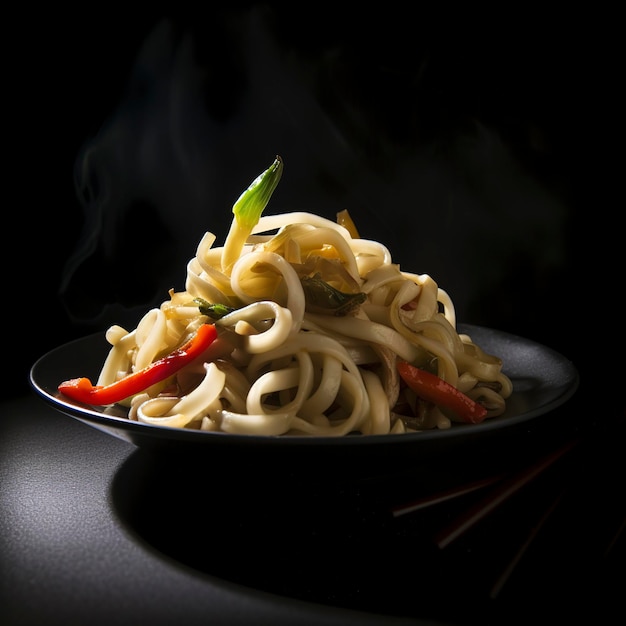 Udon stir fry noodles with chicken and vegetables on black background hot wok with chicken steaming over plate generate ai