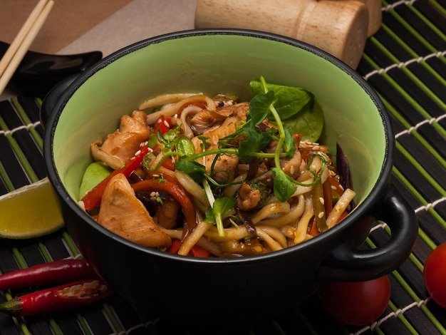 Udon with chicken and vegetables traditional japanese dish