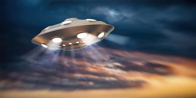 UFO alien flying saucer on colorful sky at sunset sunrise background 3d illustration