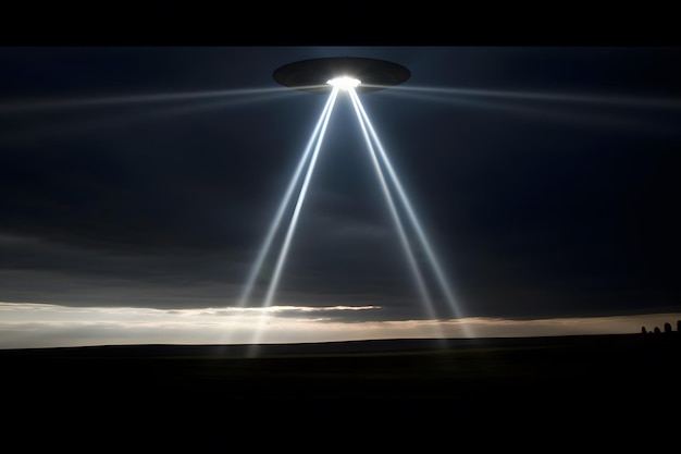 НЛО инопланетная тарелка, парящая над полем, неподвижно парит в воздухе, нейронная сеть ai