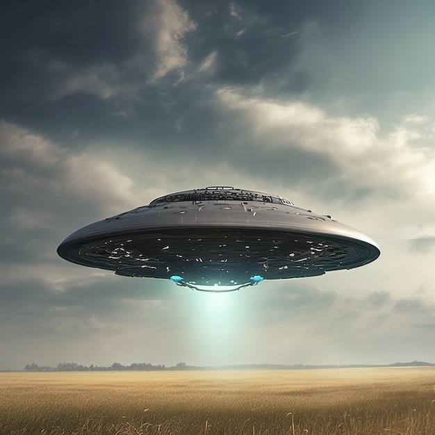 UFO 공중에서 움직이지 않고 떠다니는 들판 위를 맴도는 외계 판