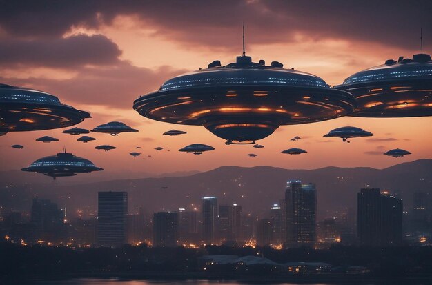 UFO Armada Over Downtown 巨大なエイリアン宇宙船が街の上を飛び越えUFOの侵攻が街の中心部を襲った