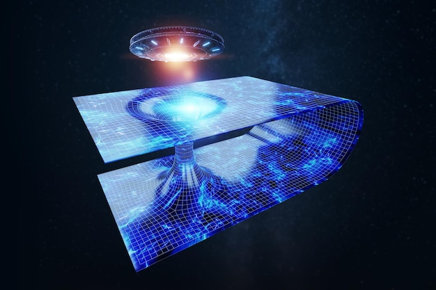 우주-시간의 터널이나 벌레구의 배경에 있는 UFO 아인슈타인-로젠 브릿지 과학