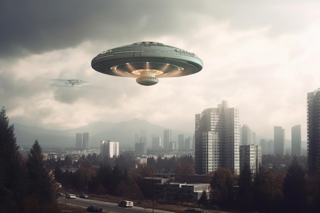 AIが生成した秋の街の明るい空にUFO