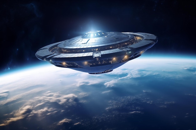UFO buitenaards plaat futuristisch ruimteschip zweeft over de planeet aarde Generatieve AI