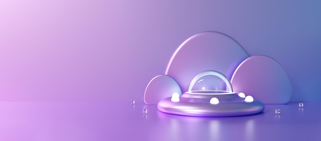 Photo ufo cartoon cute 3d rendering for pedestal. unidentified flying object on pink purple background.