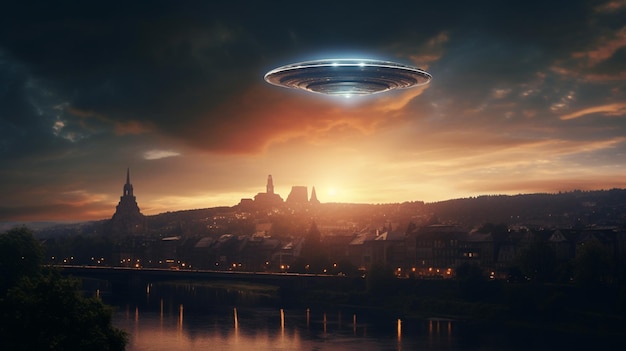 Ufo over a city with a city in the background