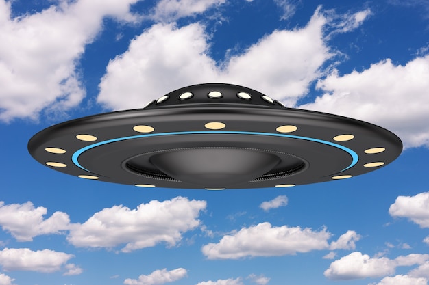 Concetto di ufo. astronave aliena o disco volante su uno sfondo di cielo blu. rendering 3d