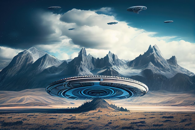 Ufo cosmodrome surrounded by chain of mountains and blue sky