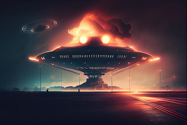 Ufo cosmodrome with view of alien craft taking off into the night sky