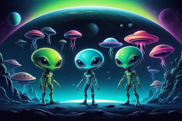 Foto ufo dag achtergrond met copyspace cutecartoon aliens collectie commerciële banner room for copy