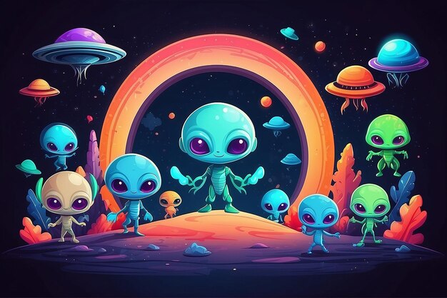 Foto sfondo giorno ufo con copyspace collezione di alieni cartoni animati cute banner commerciale sala per la copia