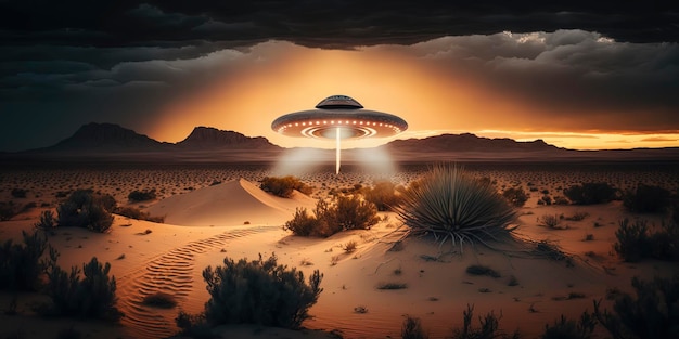 UFO over a desert dramatic landscape