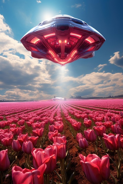 a ufo over a field of pink flowers