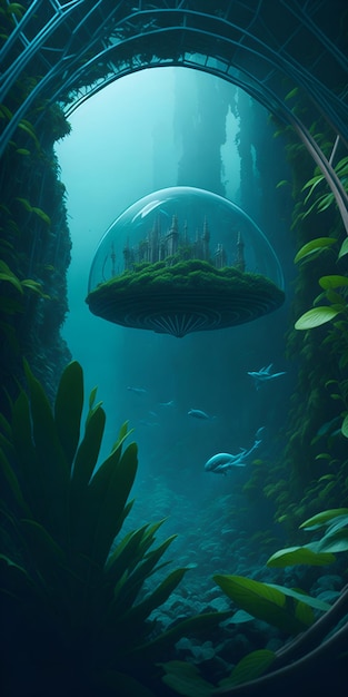 A ufo floats in a sea of water with a city on it.