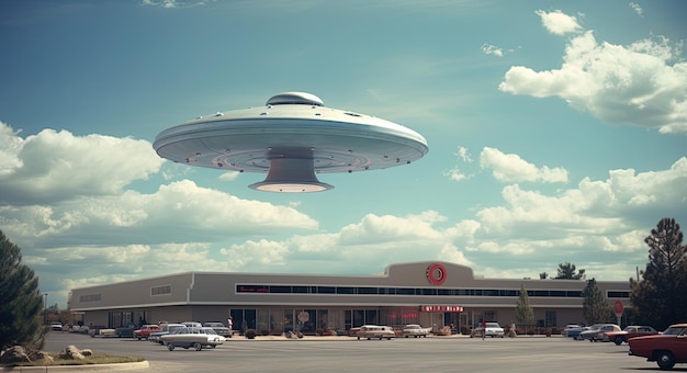 ufo라고 적힌 표지판이 있는 건물 위로 날아다니는 ufo.