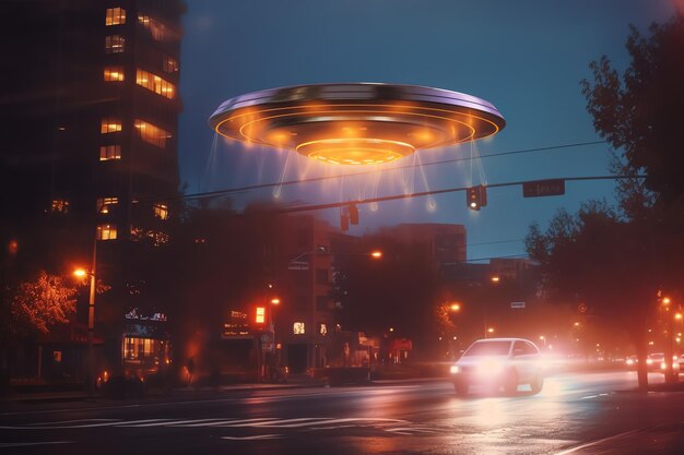 街を背景に街路の上を飛ぶUFO