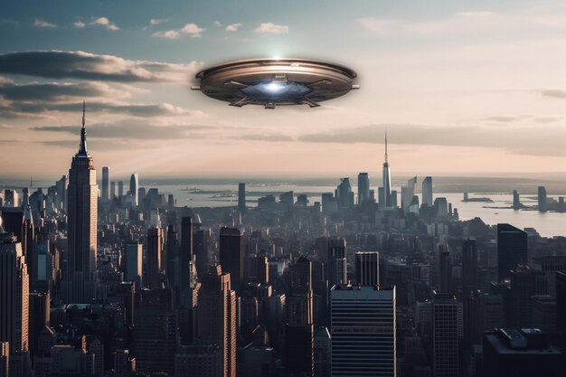 A ufo flying over a city with a city in the background