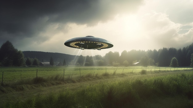 A ufo flying over a field with a field in the background.