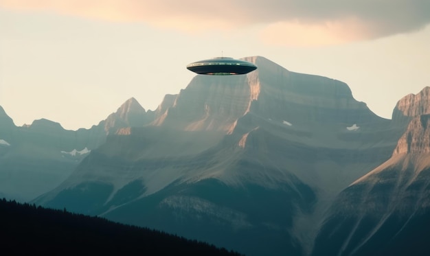 An ufo flying over a mountain with the mountains in the background