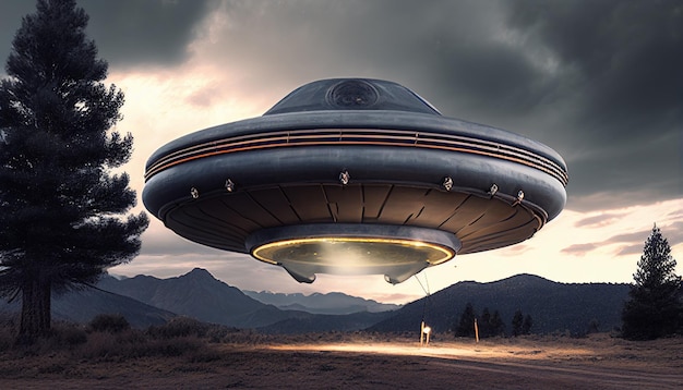 A ufo flying over a mountain with mountains in the background