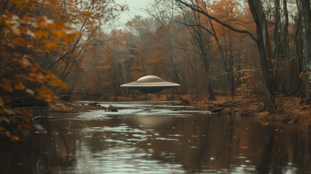 UFO flying over a river surrounded by trees in the woods