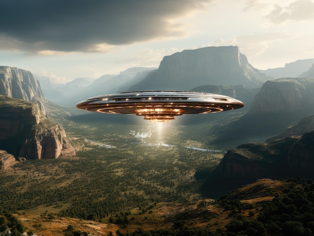 ufo flying over a rocky mountain in the sky ai generated