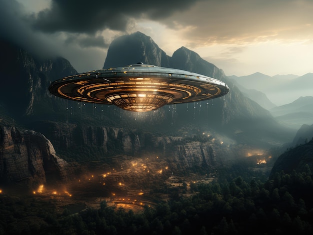 ufo flying over a rocky mountain in the sky ai generated