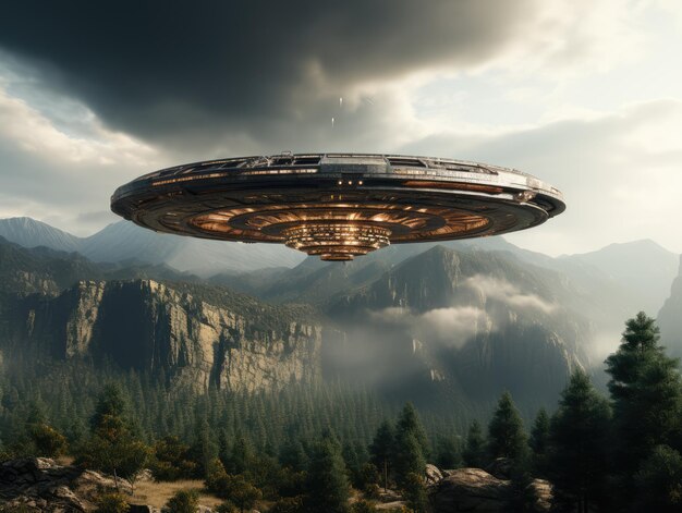 ufo flying over a rocky mountain in the sky ai generated