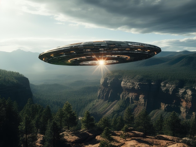 ufo flying over a rocky mountain in the sky ai generated