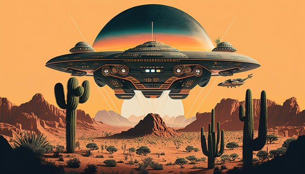 UFO flying saucer soars in the desert at sunset Generative Ai