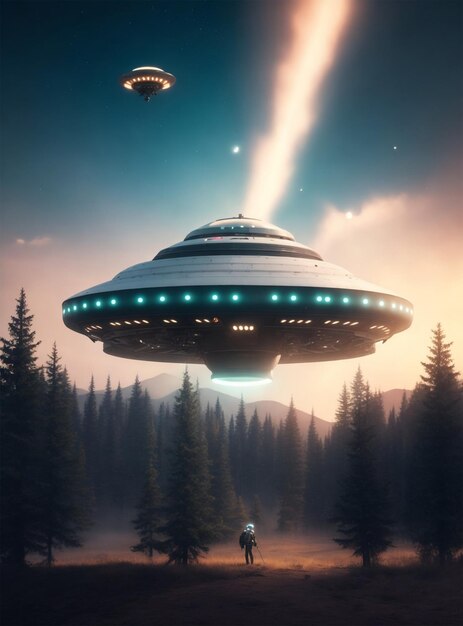 UFO flying in the sky over the forest 3d rendering