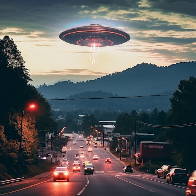 UFO flying over USA town main street with cars