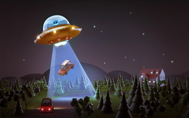 UFO flying with alien and abduct a car at night