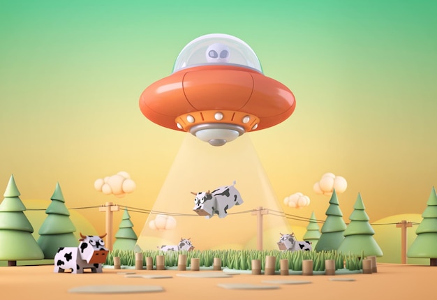 UFO flying with alien and abduct a cow