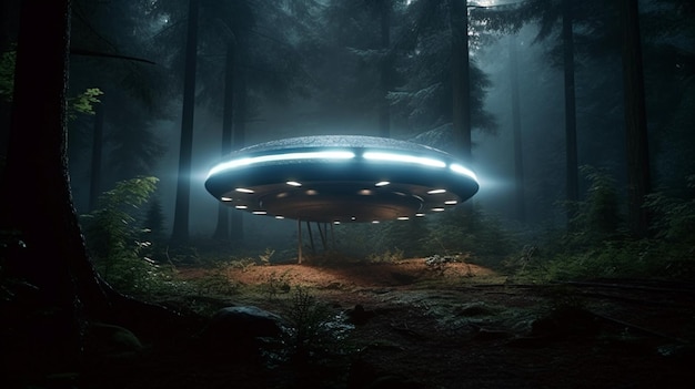 UFO in fog night forest landing place