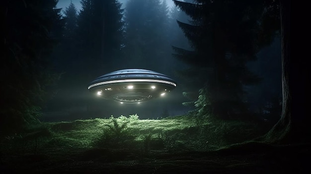 UFO in fog night forest landing place