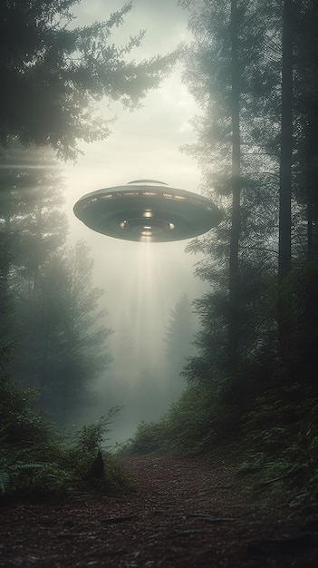 A ufo in the forest with the light on.