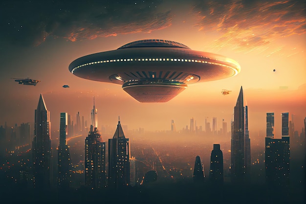 미래의 미래 도시 풍경 위에 떠오르는 Ufo