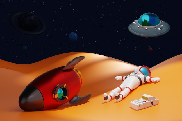 UFO hunting astronaut hiding with rocket on the moon scifi science technology space adventure discovery 3D render