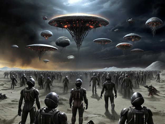 UFO invasion in the desert 3D render of UFO invasion