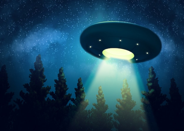 Ufo парит над деревьями. Цифровая живопись 3d render mix