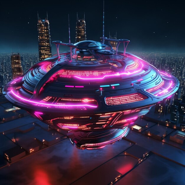 UFO is illuminated with radiant red and pink lights