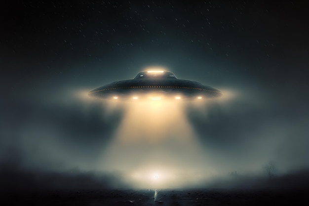 Ufo 着陸の神秘的な光とエイリアンが暗い夜に明らかにする