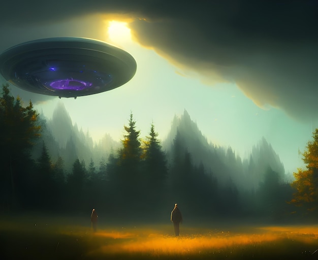 Photo ufo landing, ufo in to the ground, dark atmosphere