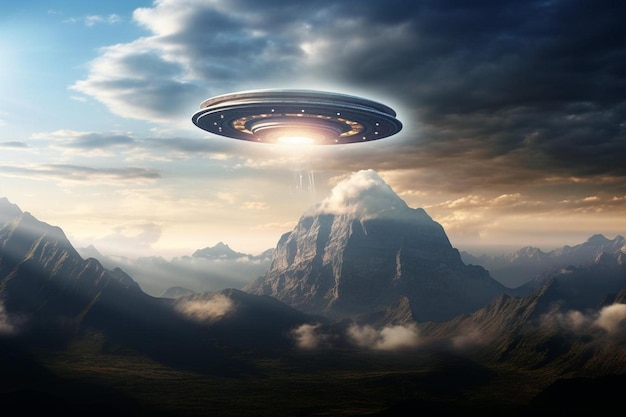 UFO over een berg met een planeet in de lucht