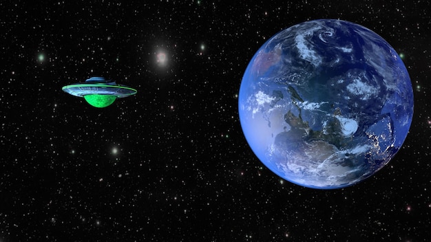 UFO and planet Earth 3D rendering