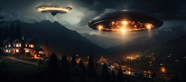 写真 ufoの目撃夜空で捕獲された謎の未確認の飛行物体aiで生成された